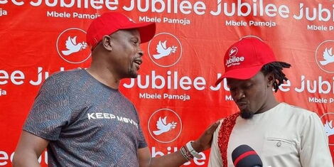 Kieni MP Kanini Kega with Kevin Kioko alias Bahati at Jubilee Party Headquarters on March 18, 2021.