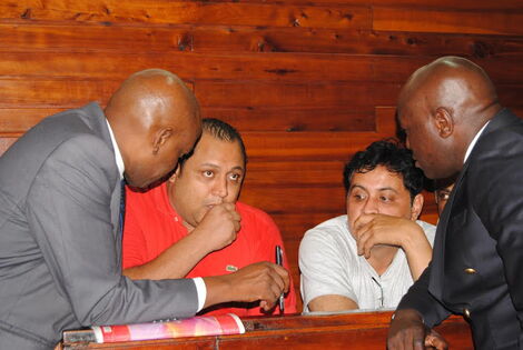 Baktash Akasha and Ibrahim Akasha with lawyers Gikandi Nguibuini (Left) and Cliff Ombeta at Mombasa Law courts on November 11, 2014.