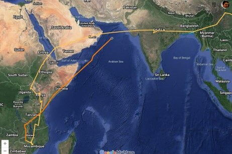 A map indicating Bayan's path from Somalia to India
