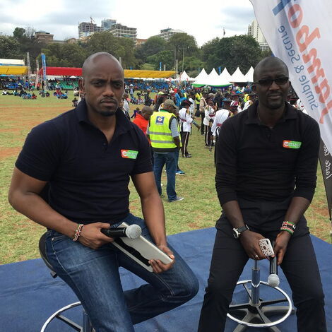 Media personalities Bernard Ndong' and Mike Okinyi attending a sports function in October 28, 2018