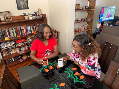 K24 TV news anchor Betty Kyallo (right) with sports personality Carol Radull at her home in Nairobi on March 20, 2020.