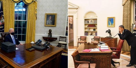 A collage photo of US President Joe Biden and former President Barrack Obama in the Oval Office on separate dates.