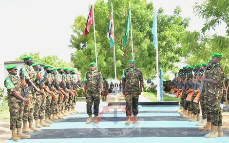 Brigadier Jeff Nyagah (left) and Brigadier Paul Njema (right) during a parade inspection at AMISOM Sector II Headquarters in Dhobley in February 2021