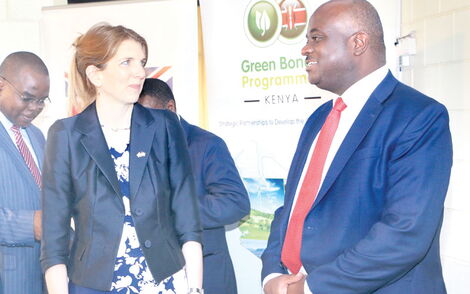 British High Commissioner to Kenya Jane Marriott (left) and Acorn Holdings chief executive Edward Kirathe celebrating the listing of Kenya's first green bond in Nairobi on October 3, 2019