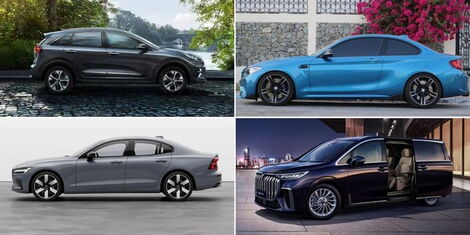 From top left: A crossover, coupe, sedan and minivan vehicles.
