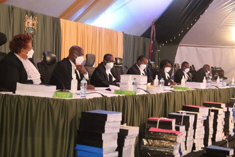 Court of Appeal judges at the Milimani Law Court delivering the judgment on the BBI Appeal on Friday, August 20, 2021