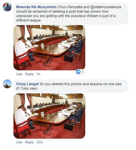 A screenshot of comments by Kenyans questioning State House's choice to delete photos of a Cabinet Meeting at State House in which Deputy President William Ruto was present, on Thursday, March 19, 2020.