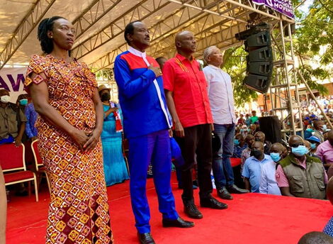 From left to right: NARC-Kenya party leader Martha Karua and her counterparts, Kalonzo Musyoka (Wiper), Gideon Moi (KANU) and Wiper chairman Chirau Ali Mwakwere during Machakos rally held on January 29, 2022.