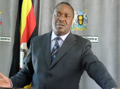 Former Ugandan Minister of Science, Technology and Innovation, Elioda Tumwesigye speaking to the press. 