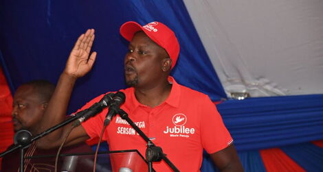 Kieni MP Kanini Kega speaking to Nyeri residents on Saturday, April 9, 2022. 
