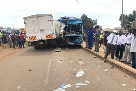 An image of a Kenya Mpya bus that rammed a lorry on Monday morning, May 9, 2022, along the Thika Superhighway.