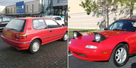 A collage image of a 1990 Toyota Corolla 1990 Hatchback (left) and a section of the 1990 Mazda Roadster car (right).