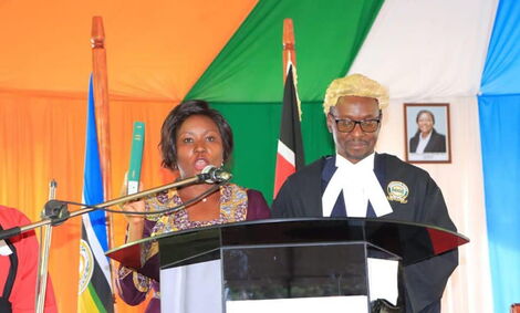Cecily Mbarire being sworn in as the Governor of Embu at the University of Embu on August 25, 2022