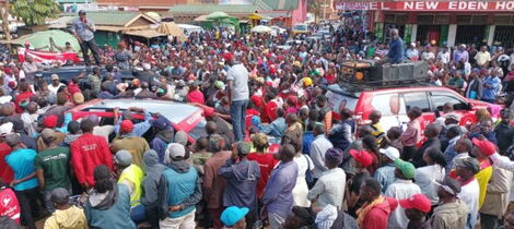 Former Nyeri Town MP Ngunjiri Wambugu holding a rally outside the New Eden hotel in Nyeri County in May 2022.
