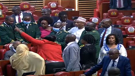 Chaos in Parliament after MP Babu Owino refused to leave following Speaker Justin Muturi's orders on Thursday, April 14, 2022.