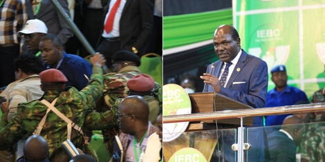 A collage of police quelling riots at Bomas of Kenya in August 2022 (left) and IEBC chairperson, Wafula Chebukati (right)