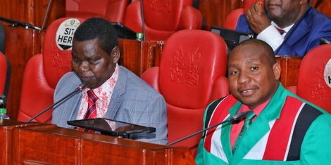 Ainabkoi MP William Kamuren Chirchir Chepkut and Nominated MP David Sankok during discussions with SC Fred Matiang'i in Parliament on Tuesday, April 5, 2022.