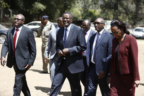Chief Justice David Maraga (second left) with Environment and Lands Court judge Justice Sila Munyao (centre) and Chief Registrar of the Judiciary Anne Amadi (right) at Nakuru Children's court in September 2019