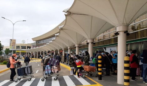 A photo of passengers at Jomo Kenyatta International Airport in Embakasi, Nairobi.