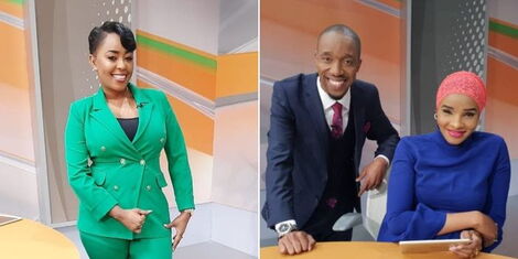 A photo collage of Citizen TV anchors Lillian Muli (left), Rashid Abdalla and Lulu Hassan (right).