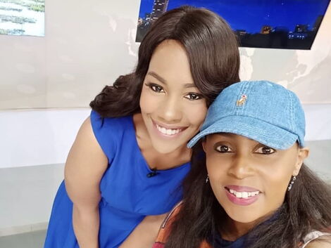 Citizen TV's Victoria Rubadiri (Left) and Monica Kiragu strike a pose in studio on December 2, 2019.