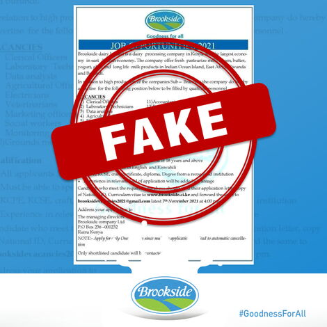 Communication by Brookside Dairy Company indicating a circulating poster is fake.