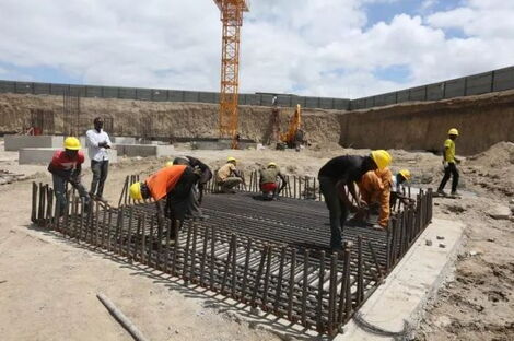 Construction workers at the Afri-cities Convention Centre in Kisumu in August 2021.
