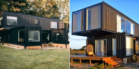 Photo collage of shipping containers converted into modern mansions