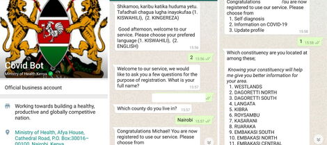 Screenshots showing how the Ministryof Health's WhatsApp bot works