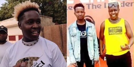 A photo collage of Mugithi musician Lawrence Njuguna alias DJ Fatxo taken on March 10, 2023 (left) and the entertainer and Jeff Mwathi in denim jacket at a past event(right).