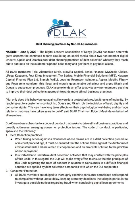 Digital Lenders Association of Kenya statement on debt-shaming
