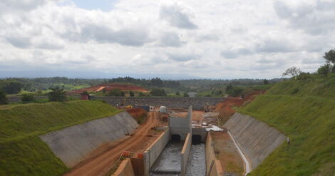 An aerial image of Thiba dam, Kirinyaga County under construction.