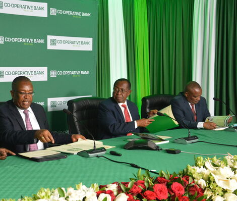 L-R) Co-operative Bank Managing Director Dr. Gideon Muriuki, Bank Chairman John Murugu and Vice Chairman Macloud Malonza address shareholders during the bank’s virtual Annual General Meeting hosted by the bank on Thursday 22 October 2020. 