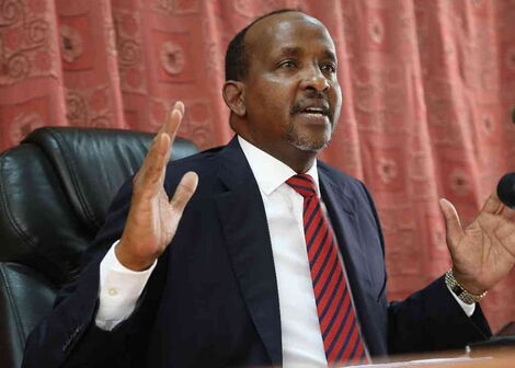 National Assembly Majority Leader Aden Duale addresses the media on June 13, 2019.