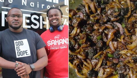 David Kimani and his brother Collins Ngure (left) and a plate of Matumbo