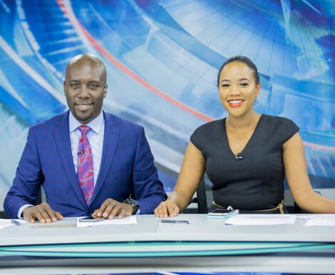 NTV News anchors Dennis Okari and Olive Burrows on set.