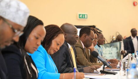 Deputy President Rigathi Gachagua (third left) chairs the Intergovernmental Budget and Economic Council (IBEC) meeting at the Kenya School of Government, Nairobi, on Thursday, January 26, 2022, attended by Kirinyaga Governor Anne Waiguru (third left).