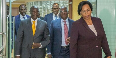 Deputy President Rigathi Gachagua, CSs James Macharia, Margaret Kobia, Ukur Yatani and Garissa Township MP Aden Dualae durring a meeting with governors from counties affected by drought