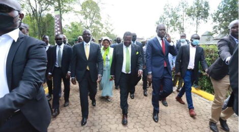 Deputy President William Ruto (left), ANC leader Musalia Mudavadi (center) and Nairobi Senator Johnson Sakaja at Bomas of Kenya.