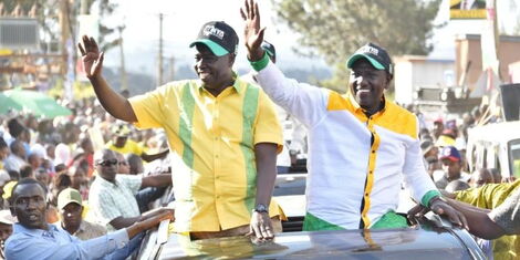 Deputy President William Ruto and running mate Rigathi Gachagua during a rally in Uthiru on Sunday, June 5, 2022