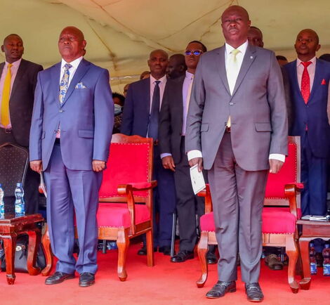 Deputy President-elect Rigathi Gachagua alongside Nyeri Governor Mutahi Kahiga and other officialsduring the swearing-in in Nyeri County Thursday August 25