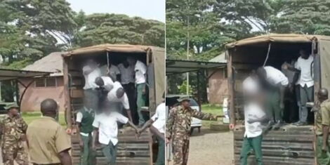 Students from Dibuoro Secondary School Alego Usonga, Siaya County alighting from a Police vehicle on March 18, 2022.