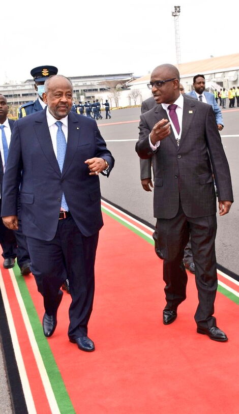 H.E Ismail Omar Guelleh, President of the Republic of Djibouti being received by Amb. Salim Salim at JKIA on Tuesday, September 13, 2022 