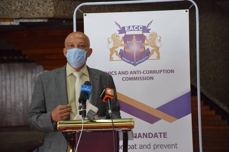 EACC CEO Twalib Mbarak after presenting a cheque to the Kenya Covid-19 Fund on April 28, 2020.