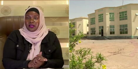 A collage image of the Elm School principal Silvia Nzilani (RIGHT) and a section of the school buildings (LEFT).