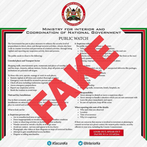 A notice flagged as fake by the Ministry of Interior on January 22, 2020