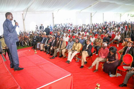 ODM Party Leader Raila Odinga addressing the crowd at the BBI forum in Meru on Friday, February 28.