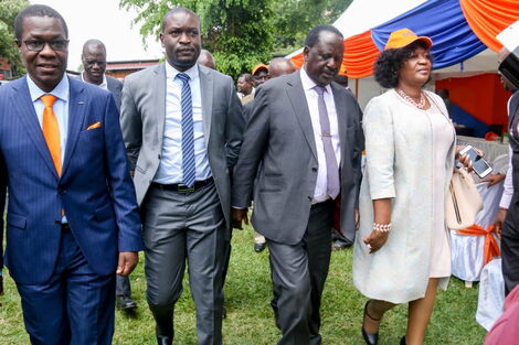 ODM Leader Raila Odinga, Secretary-General Edwin Sifuna (second left) and former Kasarani MP Elizabeth Ongoro at Chungwa House on Wednesday, March 4, 2020.