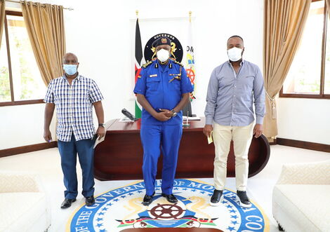 Mombasa Governor Hassan Joho hosting Police IG Hillary Mutyambai in his office