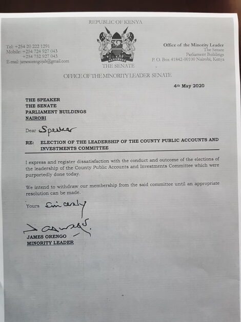A letter purported to have been authored by James Orengo disputing Ledama Ole Kina's election in the Senate on Monday, May 4, 2020.